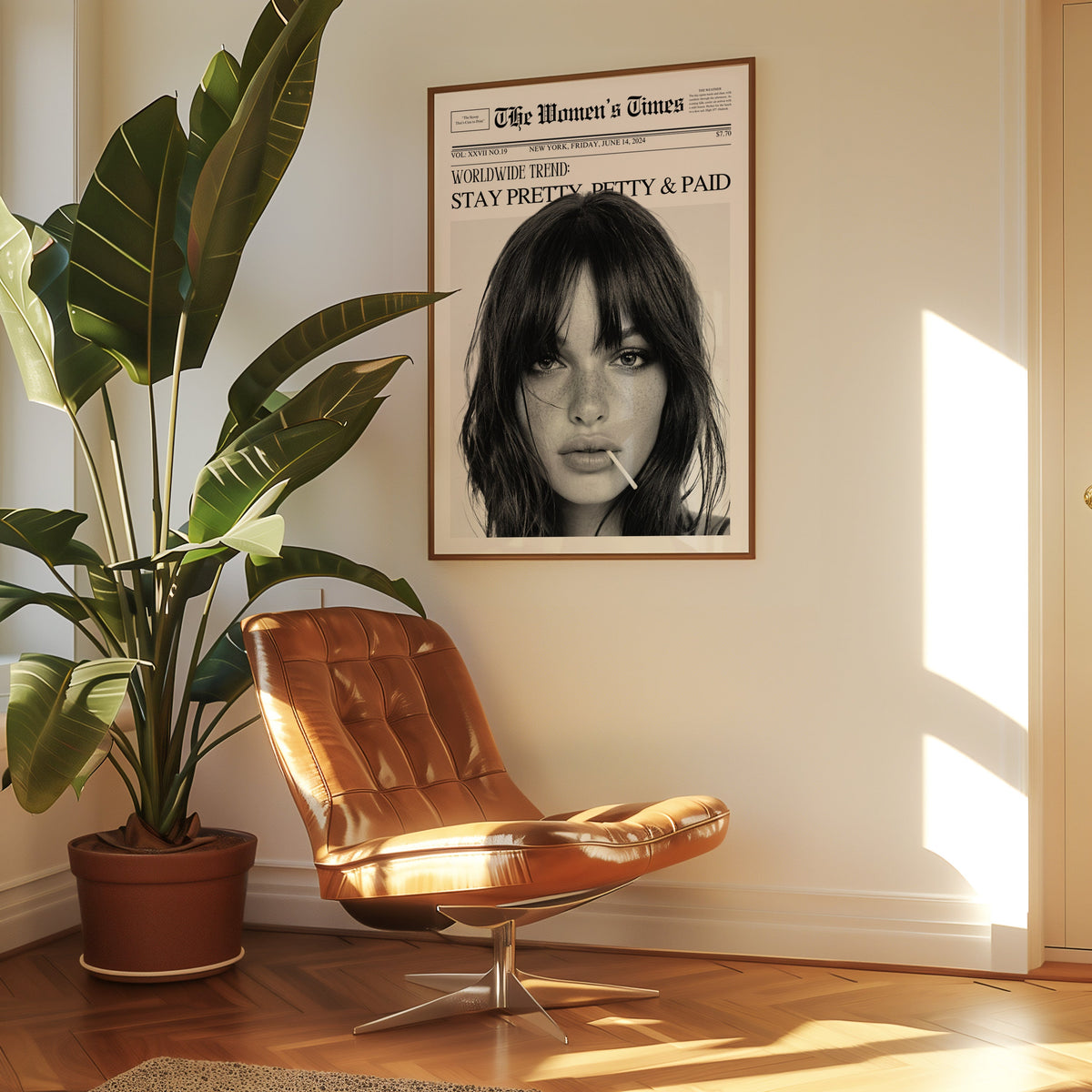 Mock front page with close-up of woman and lollipop print in a walnut frame above a leather lounge chair