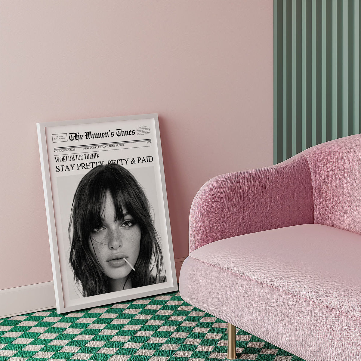 Mock front page with close-up of woman and lollipop print in a white frame beside a pink armchair on a checkered floor