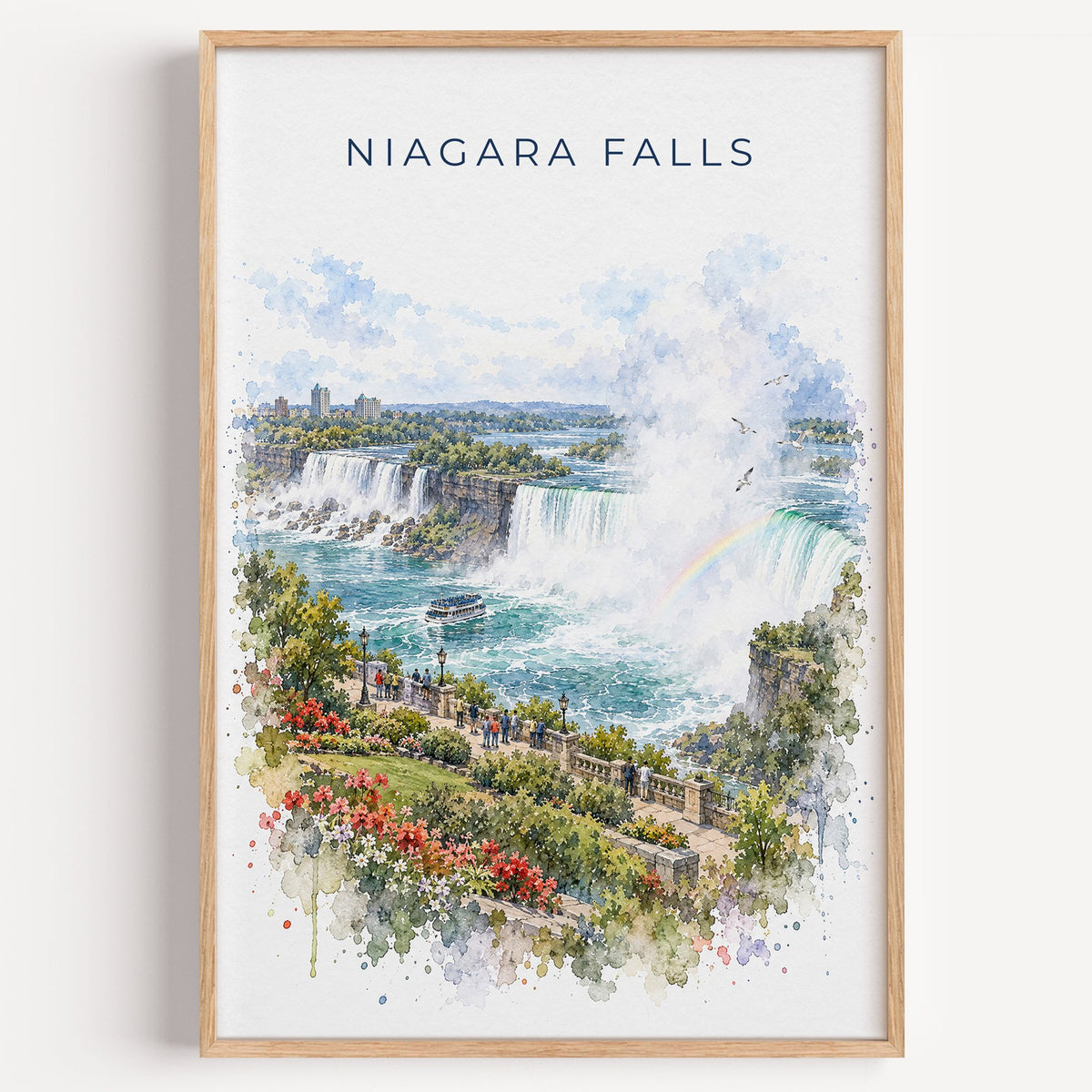 Niagara Falls watercolor print in a light oak frame on a plain white wall