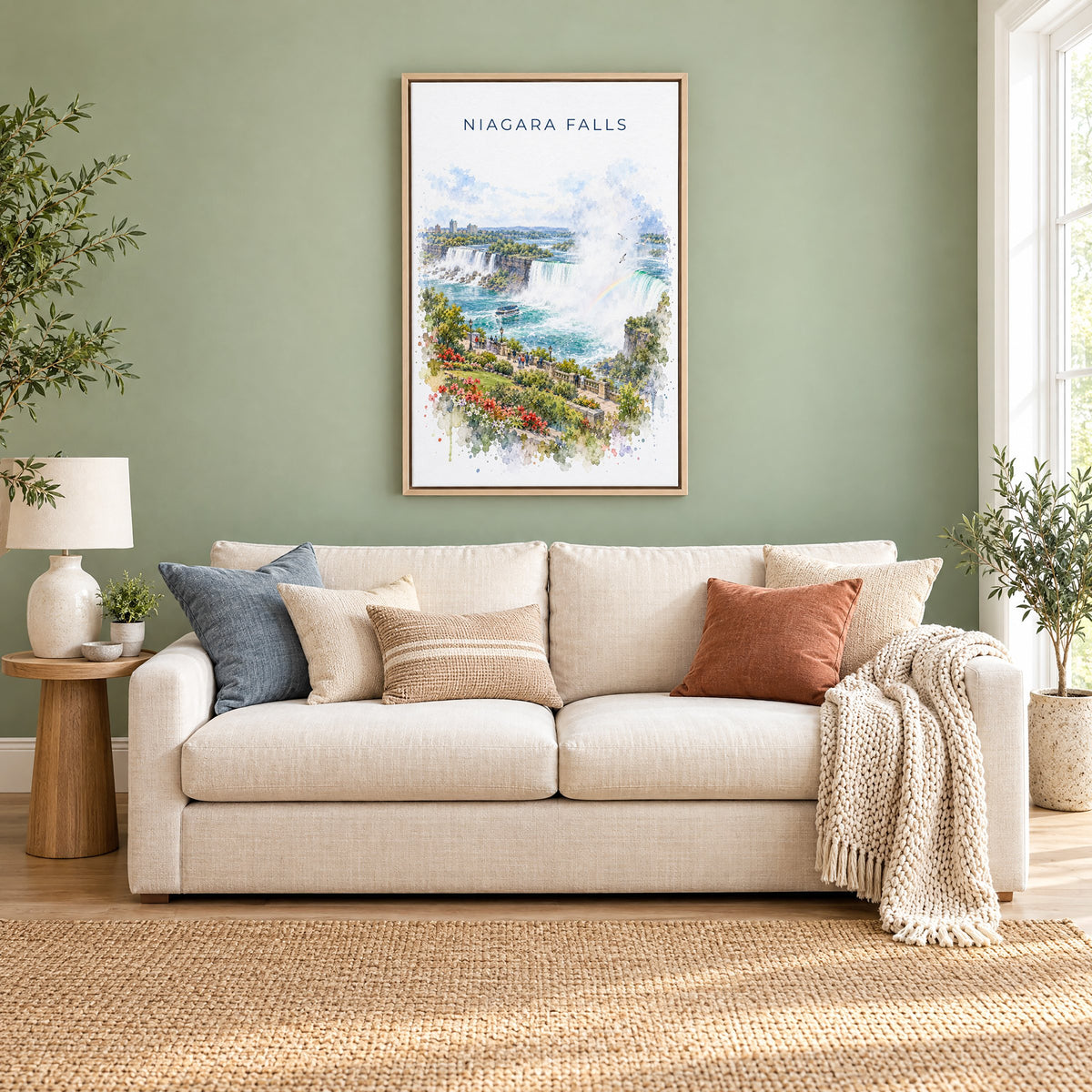 Niagara Falls watercolor print as a natural floater canvas above a cream linen sofa on a sage green wall