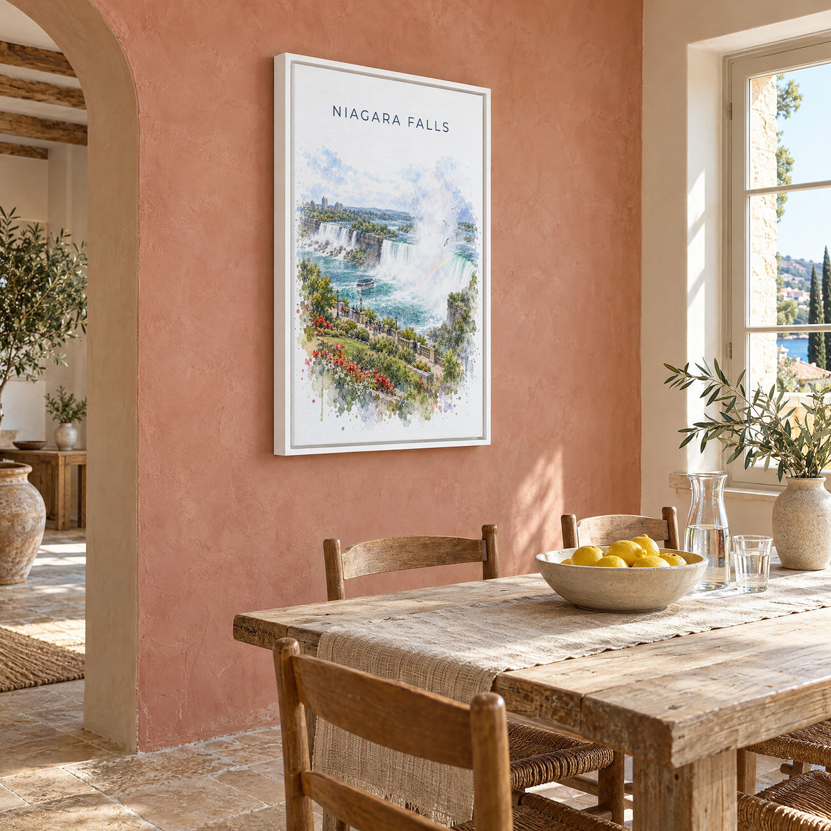 Niagara Falls watercolor print as a white floater canvas on a terracotta wall above a rustic dining table