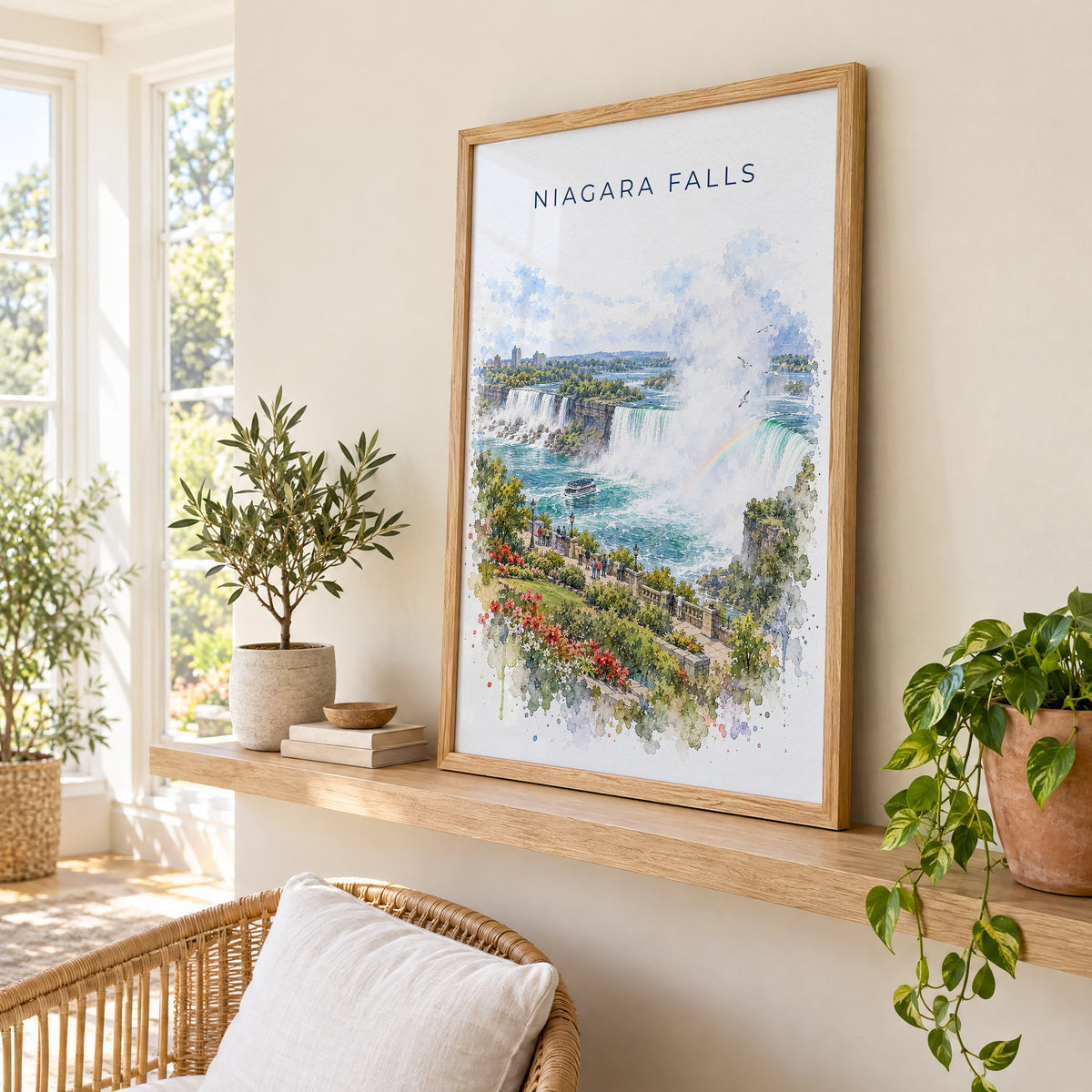 Niagara Falls watercolor print in an oak frame on a picture ledge in a sunlit sunroom