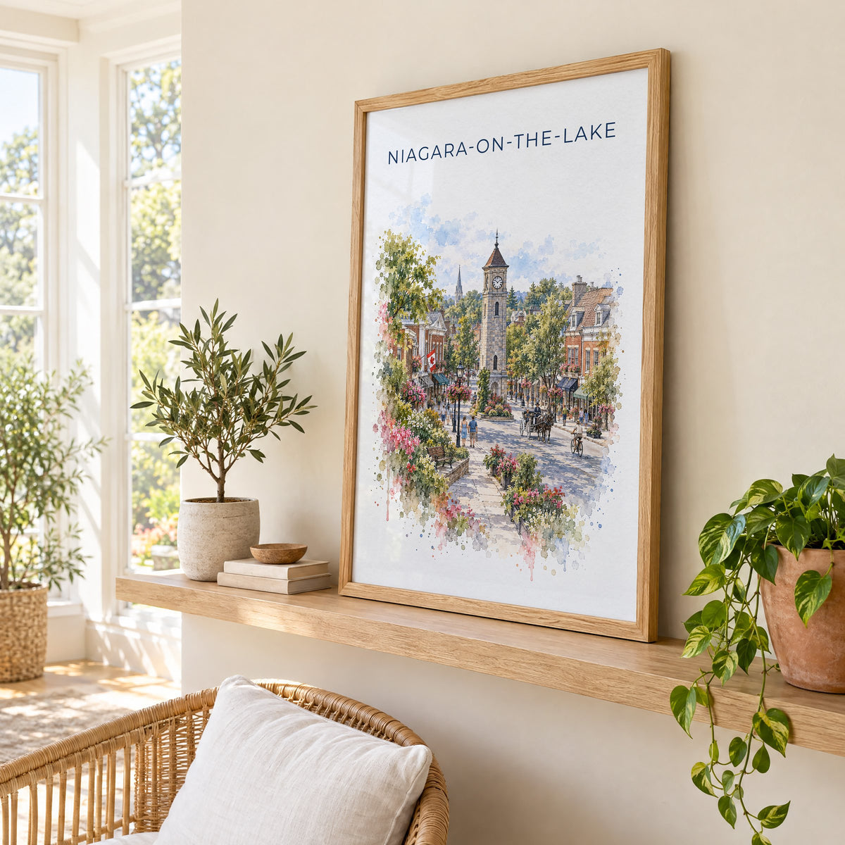 Niagara-on-the-Lake watercolor print in an oak frame on a picture ledge in a sunlit sunroom