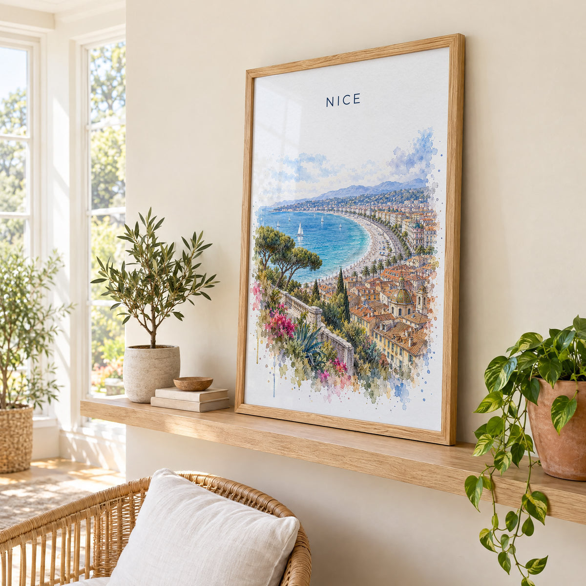 Nice, France watercolor print in an oak frame on a picture ledge in a sunlit sunroom