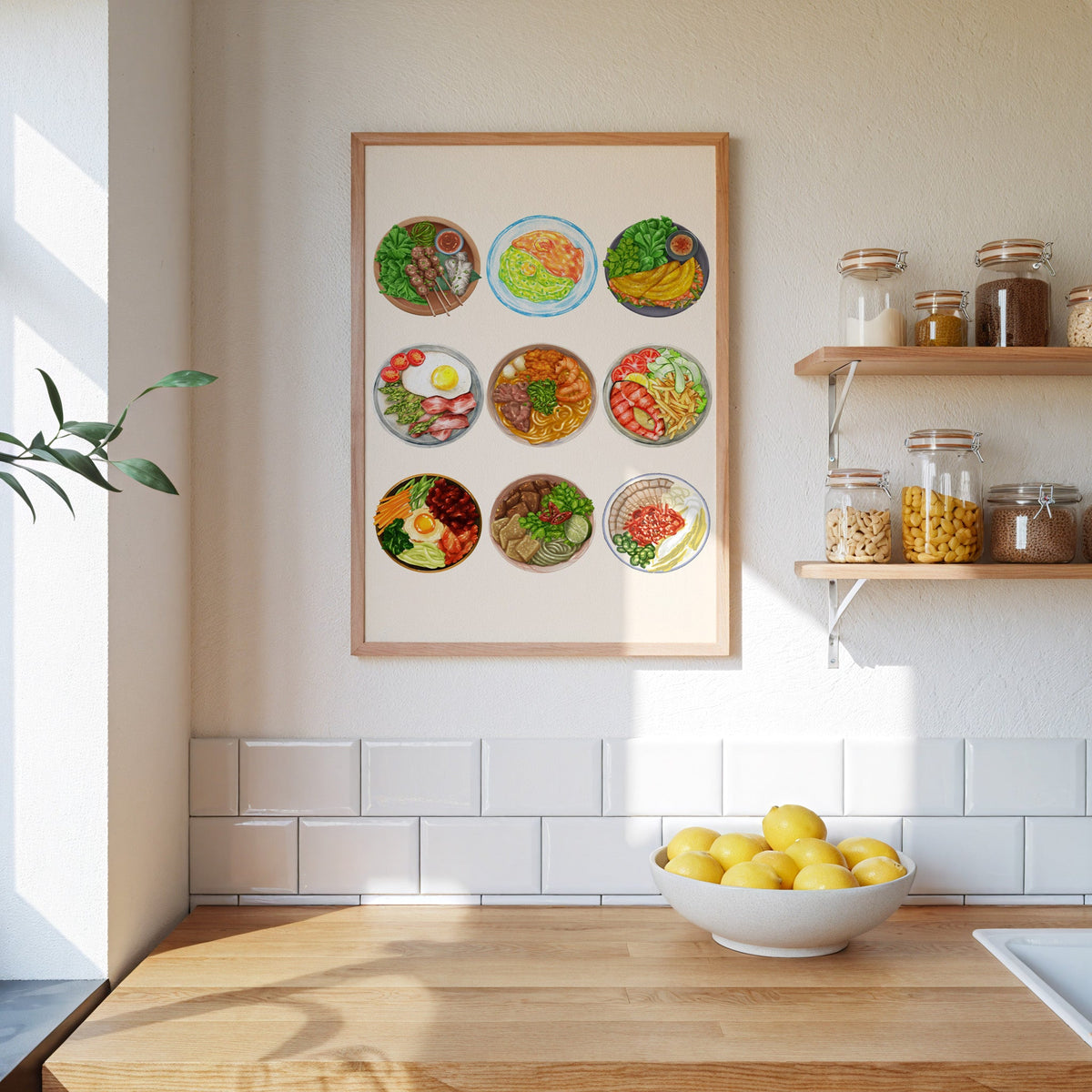 Nine plates food chart print in an oak frame on a subway-tiled kitchen wall beside open shelves of pantry jars