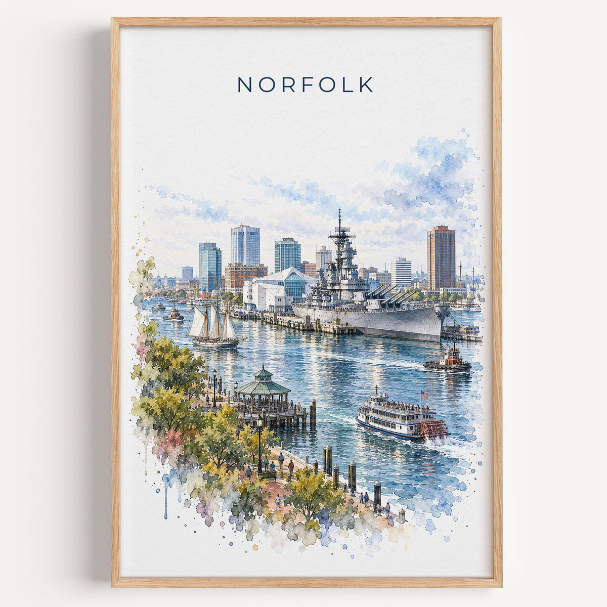 Norfolk, Virginia watercolor print in a light oak frame on a plain white wall
