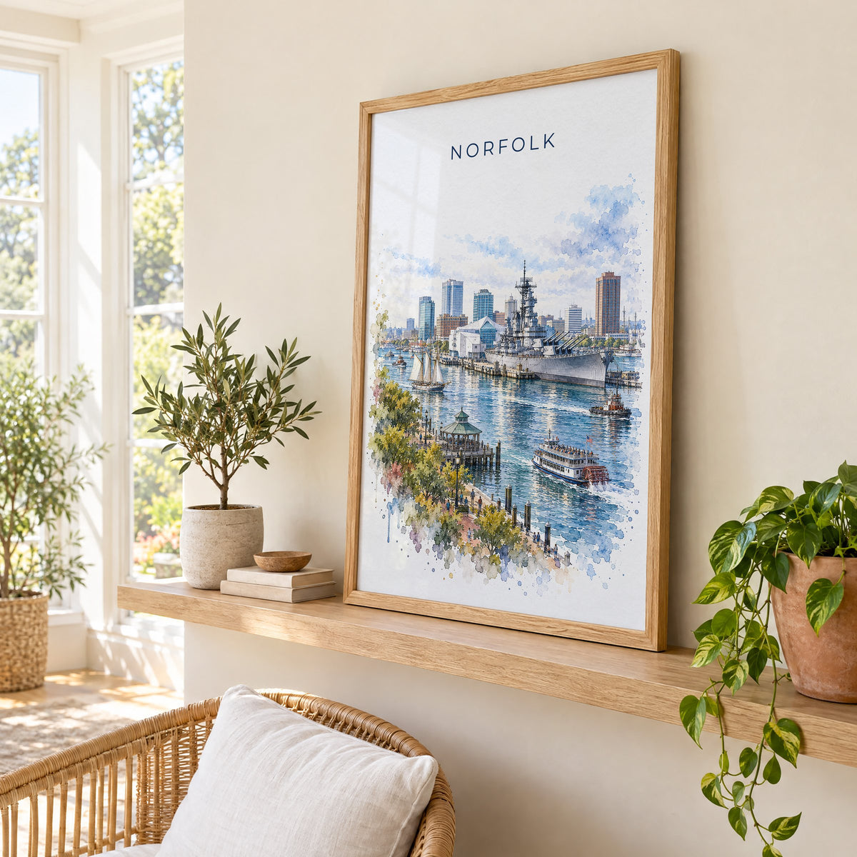 Norfolk, Virginia watercolor print in an oak frame on a picture ledge in a sunlit sunroom