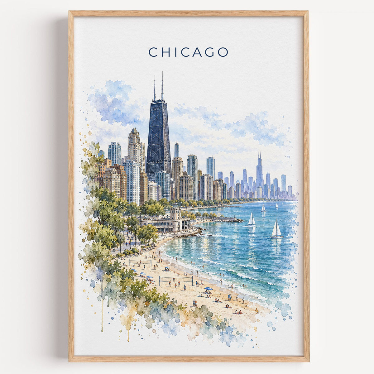 North Avenue Beach Chicago watercolor print in a light oak frame on a plain white wall