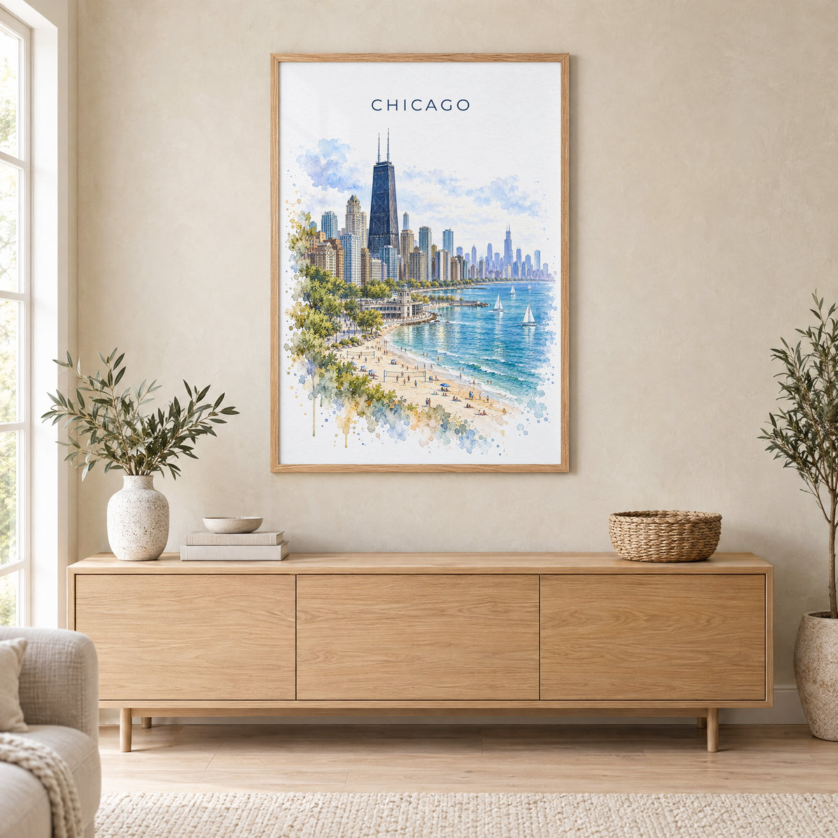 North Avenue Beach Chicago watercolor print in an oak frame above a light wood sideboard in a Scandinavian living room