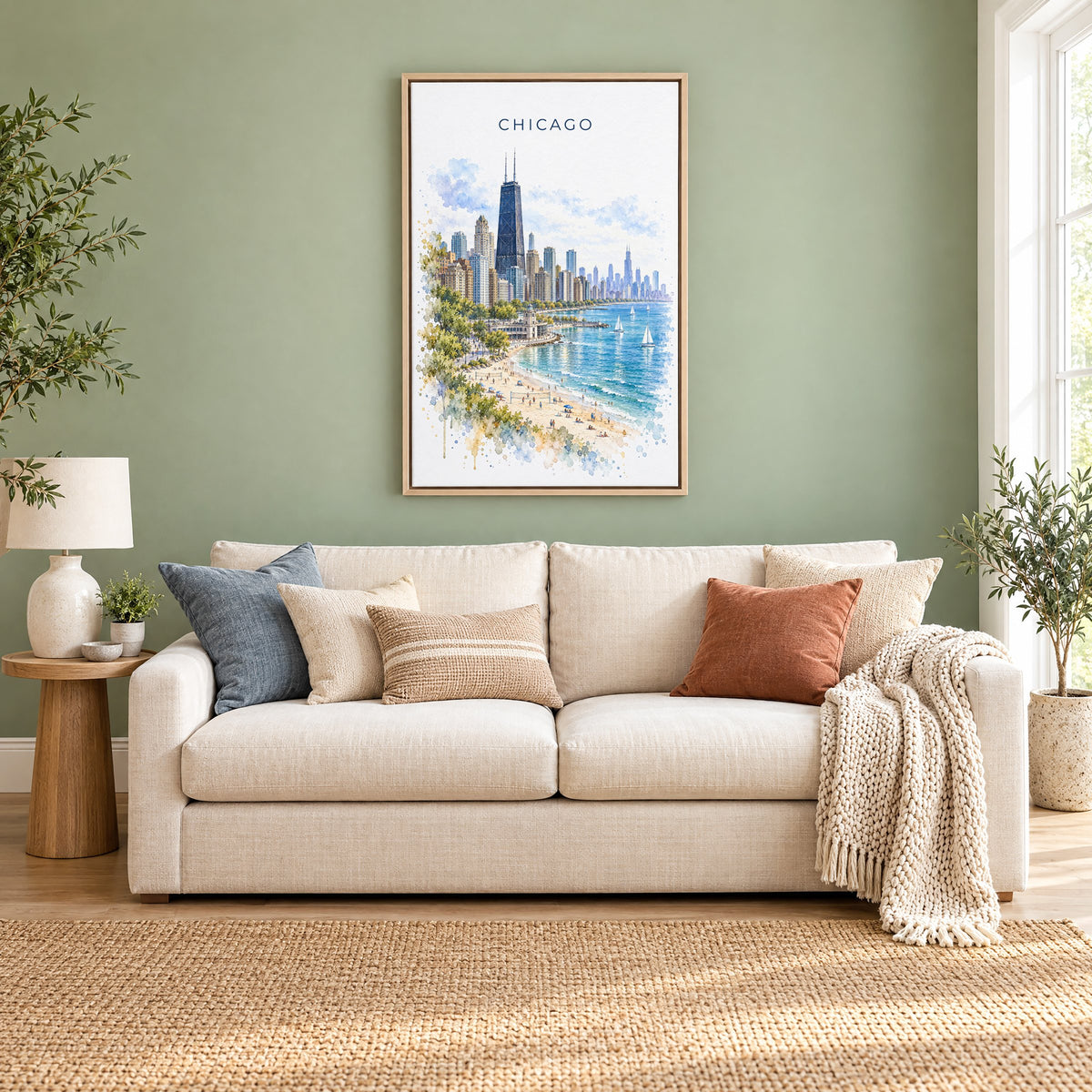 North Avenue Beach Chicago watercolor print as a natural floater canvas above a cream linen sofa on a sage green wall