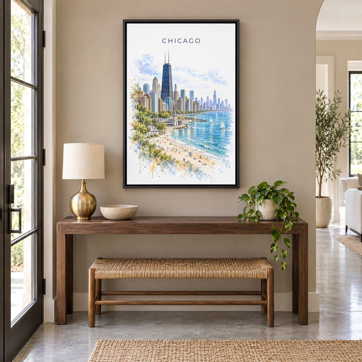 North Avenue Beach Chicago watercolor print as a black floater canvas above a walnut console and woven bench in an entryway