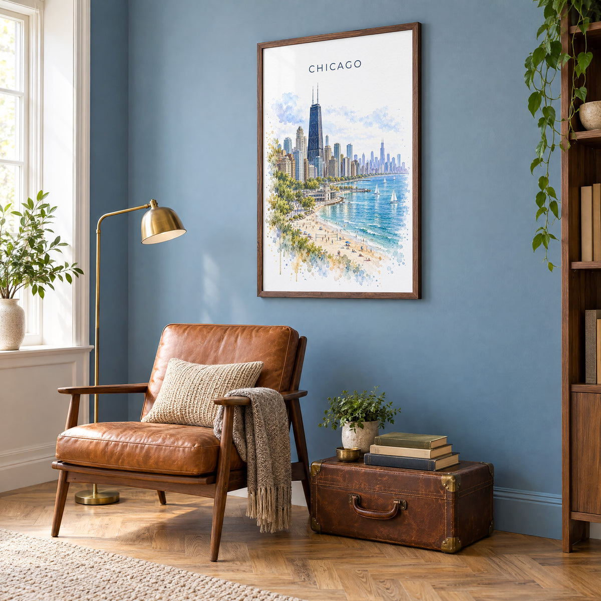 North Avenue Beach Chicago watercolor print in a walnut frame on a blue wall above a leather armchair in a reading nook