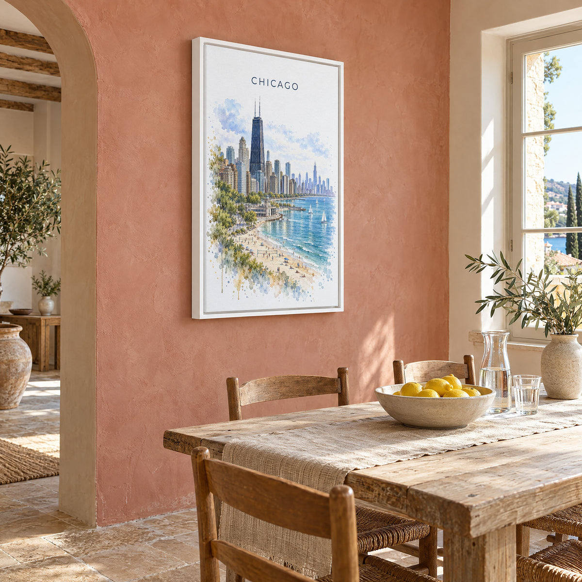 North Avenue Beach Chicago watercolor print as a white floater canvas on a terracotta wall above a rustic dining table
