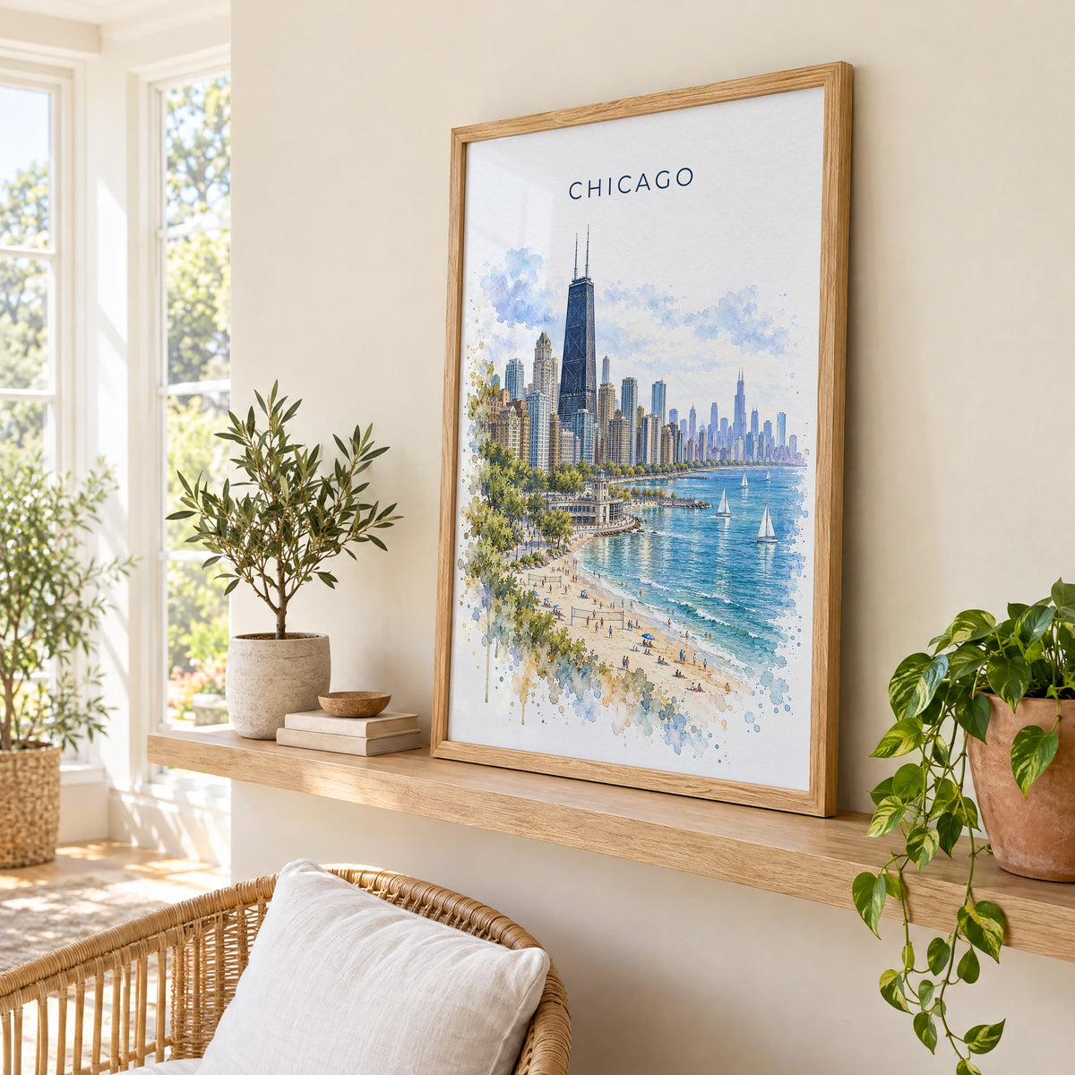 North Avenue Beach Chicago watercolor print in an oak frame on a picture ledge in a sunlit sunroom