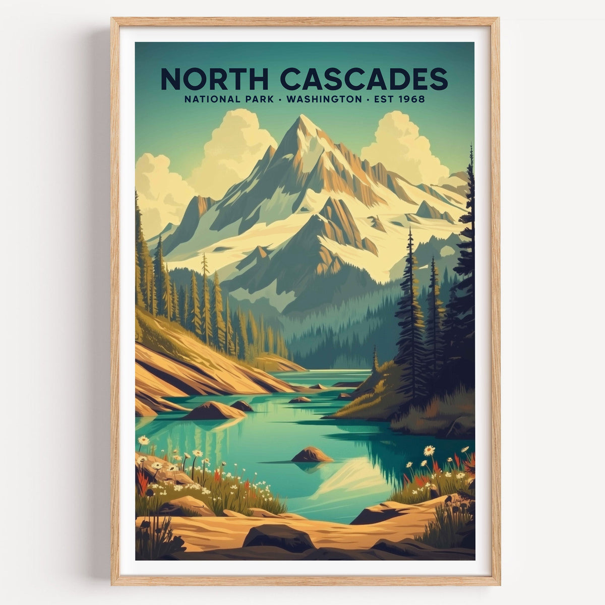 North Cascades National Park illustrated print: jagged peaks above a turquoise lake, in an oak frame