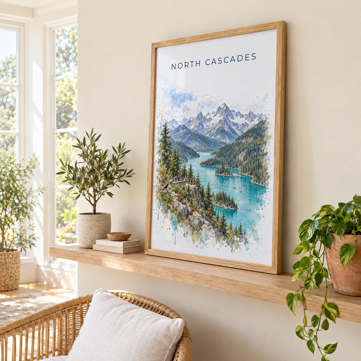North Cascades National Park watercolor print in an oak frame on a picture ledge in a sunlit sunroom