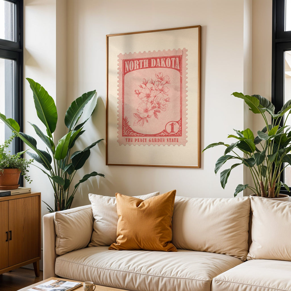 North Dakota state flower print framed above a cream sofa with an ochre cushion and large plants either side