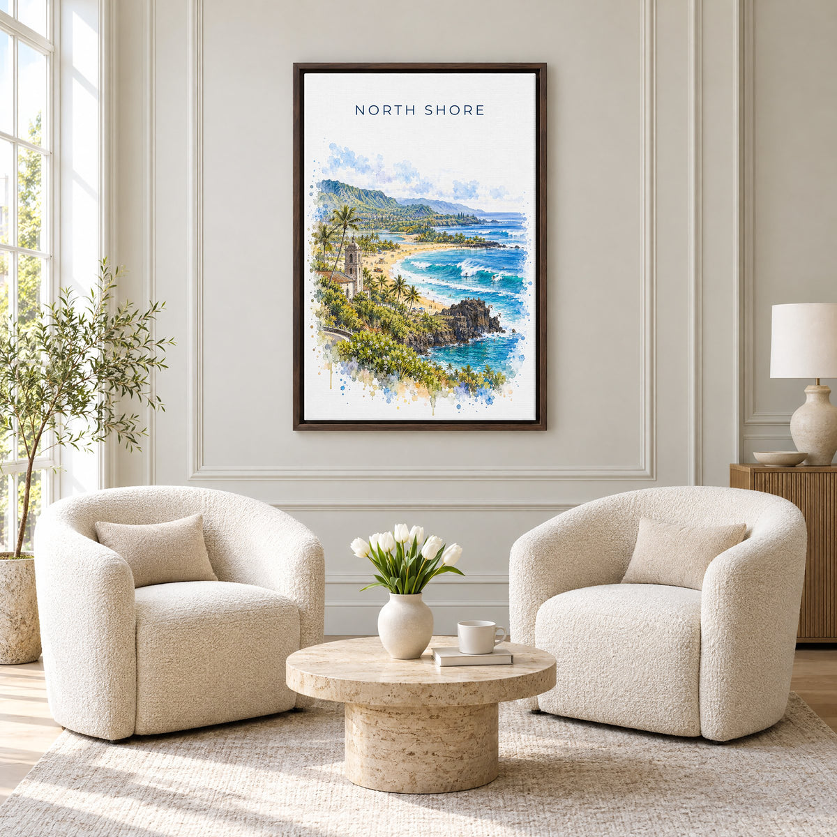 North Shore, Oahu watercolor print as an espresso floater canvas above two boucle armchairs in a hotel lounge