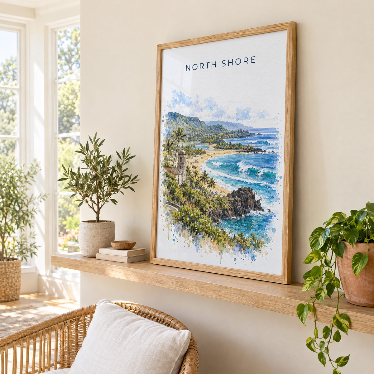 North Shore, Oahu watercolor print in an oak frame on a picture ledge in a sunlit sunroom