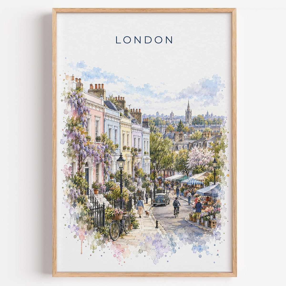 Notting Hill London watercolor print in a light oak frame on a plain white wall