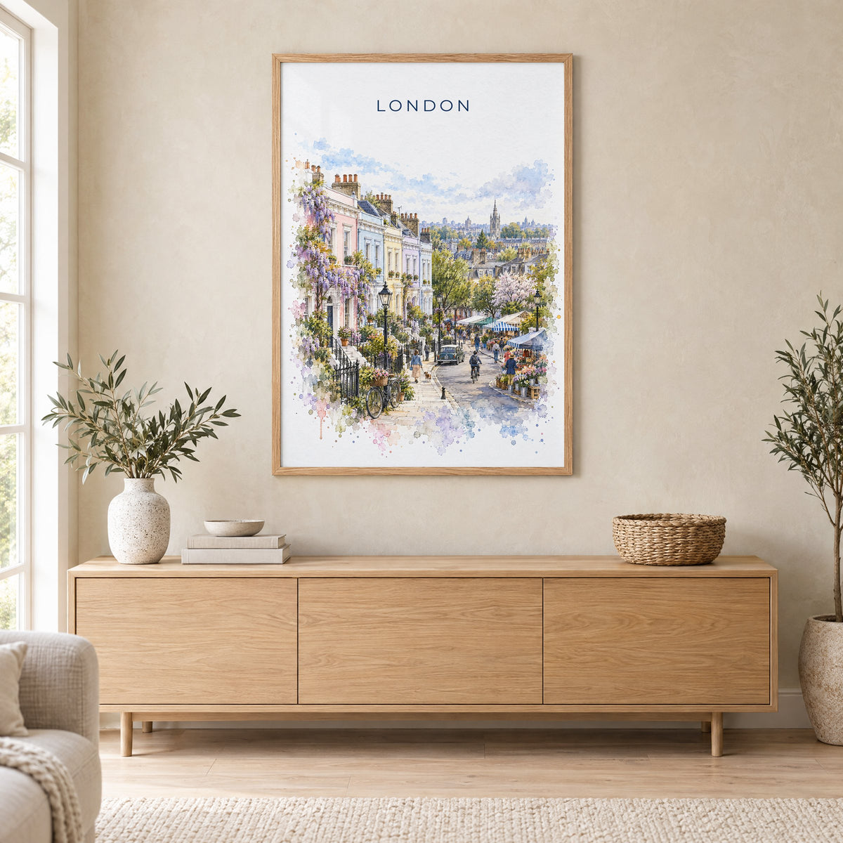 Notting Hill London watercolor print in an oak frame above a light wood sideboard in a Scandinavian living room