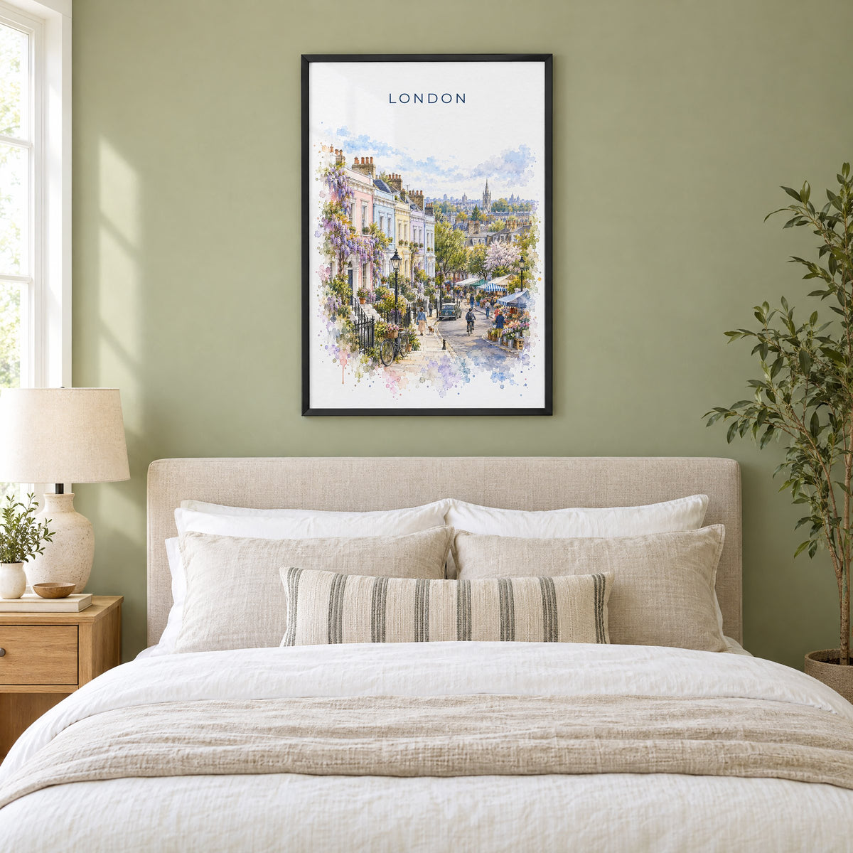 Notting Hill London watercolor print in a black frame above an upholstered headboard in a sage green bedroom