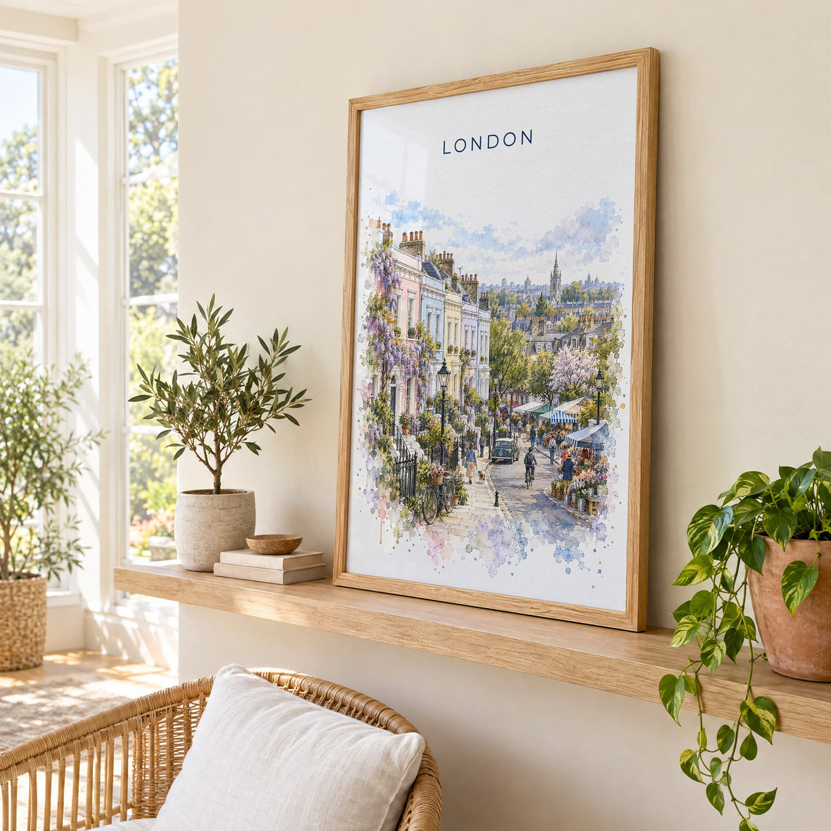 Notting Hill London watercolor print in an oak frame on a picture ledge in a sunlit sunroom