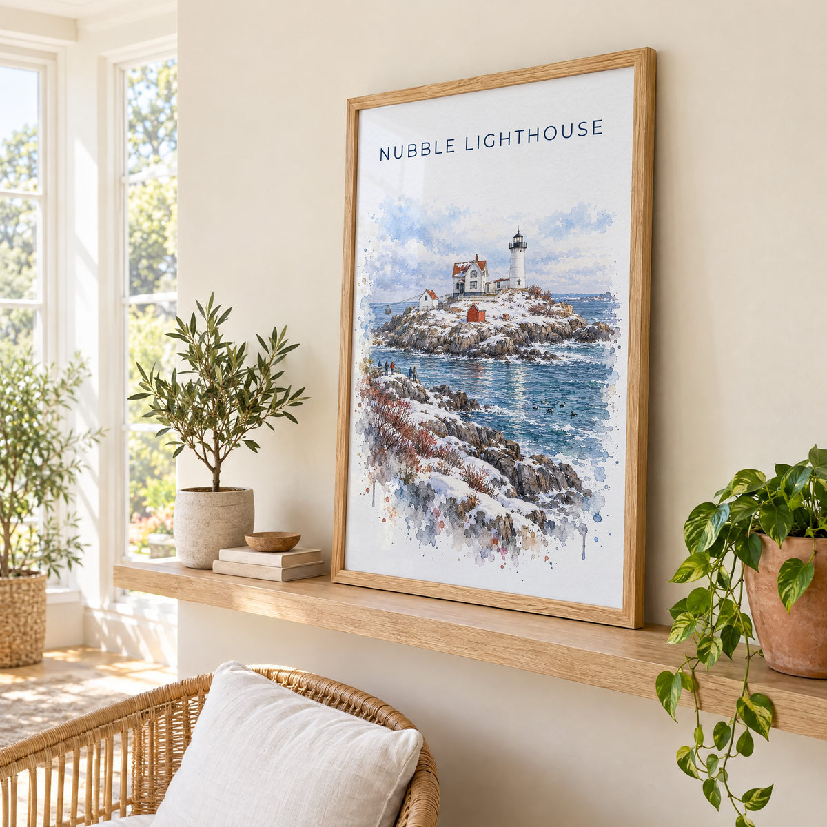 Nubble Lighthouse watercolor print in an oak frame on a picture ledge in a sunlit sunroom