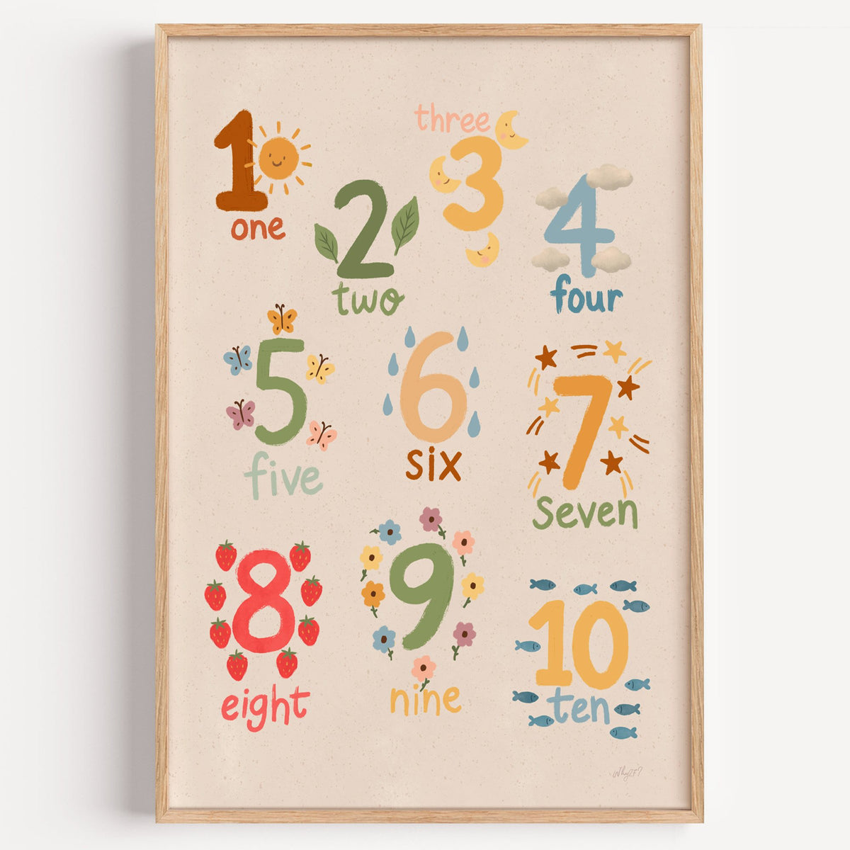Numbers one to ten counting chart nursery print in a light oak frame on a plain white wall