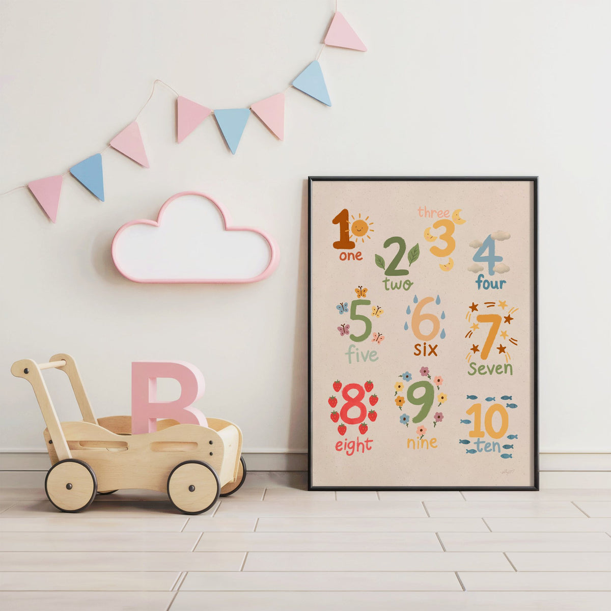 Numbers one to ten counting chart nursery print in a black frame under pastel bunting by a wooden baby walker