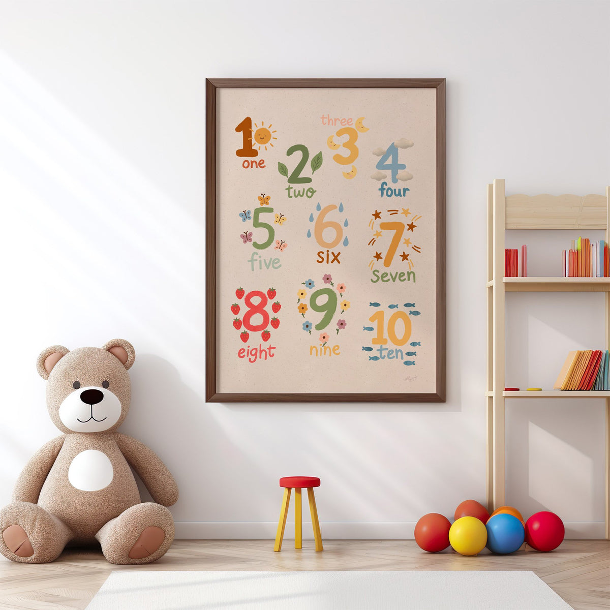Numbers one to ten counting chart nursery print in a walnut frame above a big teddy bear by a bookshelf