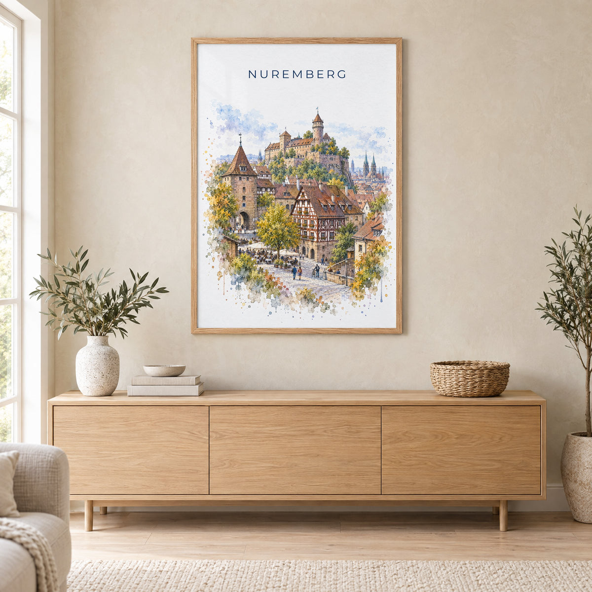 Nuremberg watercolor print in an oak frame above a light wood sideboard in a Scandinavian living room