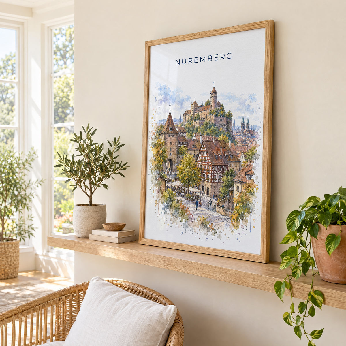 Nuremberg watercolor print in an oak frame on a picture ledge in a sunlit sunroom