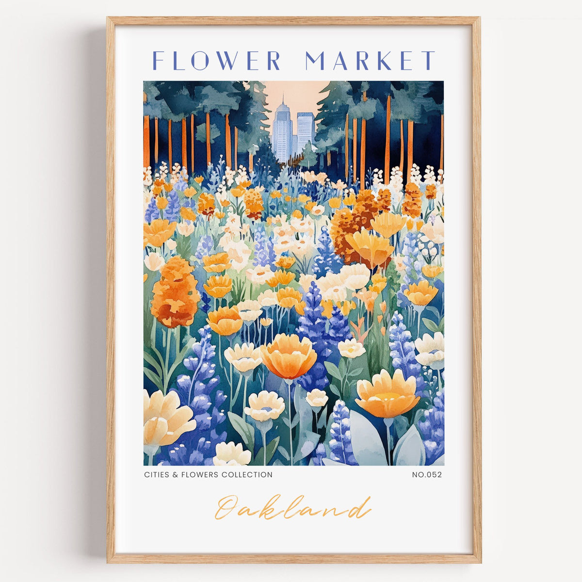 Oakland flower market print in a light oak frame on a plain white wall