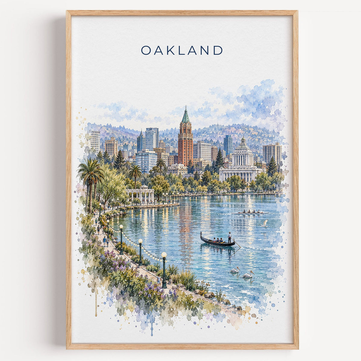 Oakland watercolor print in a light oak frame on a plain white wall
