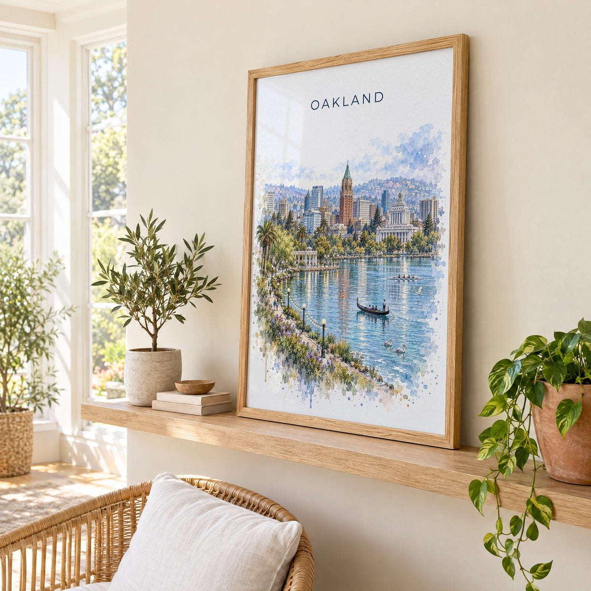 Oakland watercolor print in an oak frame on a picture ledge in a sunlit sunroom