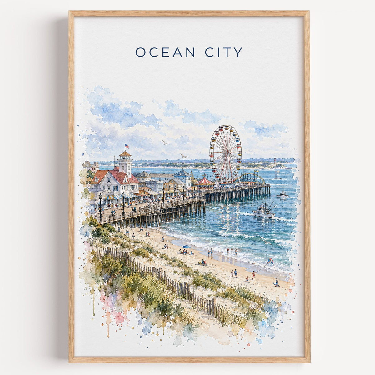 Ocean City, Maryland watercolor print in a light oak frame on a plain white wall