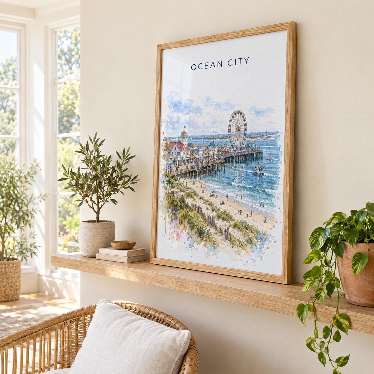 Ocean City, Maryland watercolor print in an oak frame on a picture ledge in a sunlit sunroom