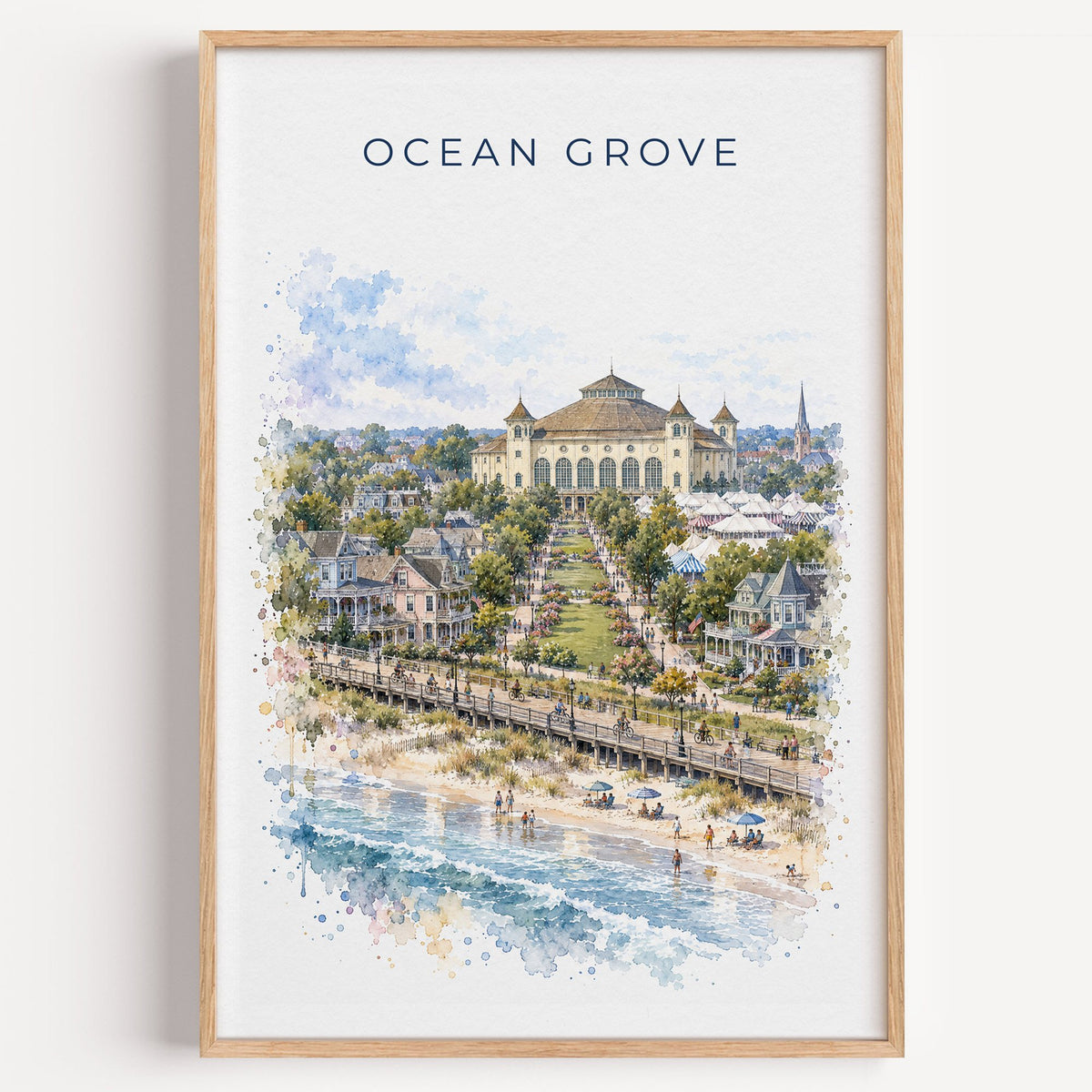 Ocean Grove, New Jersey watercolor print in a light oak frame on a plain white wall