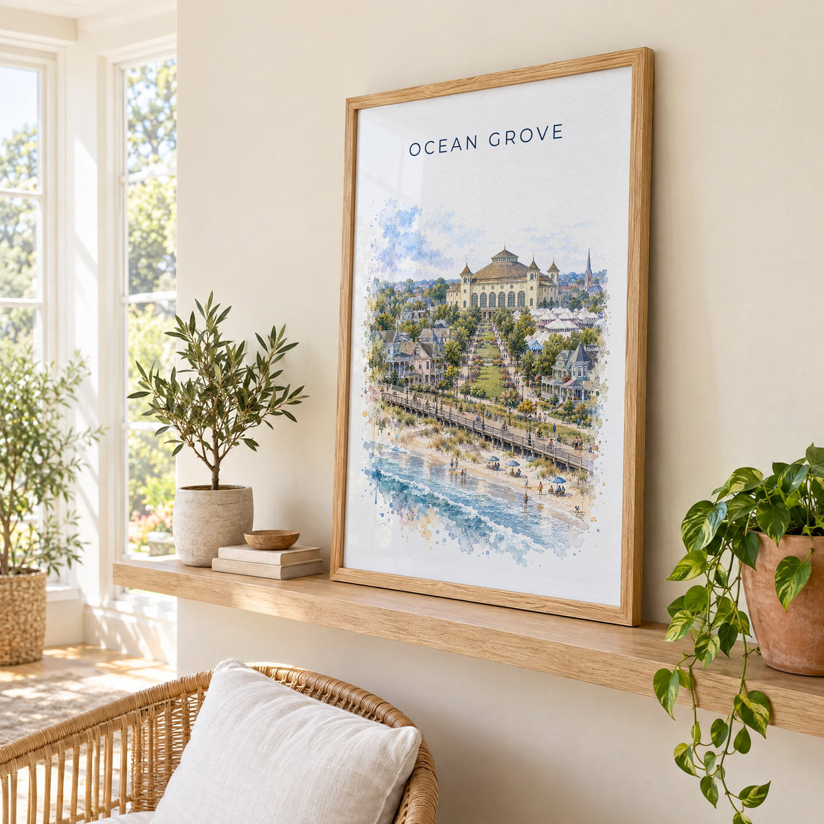 Ocean Grove, New Jersey watercolor print in an oak frame on a picture ledge in a sunlit sunroom