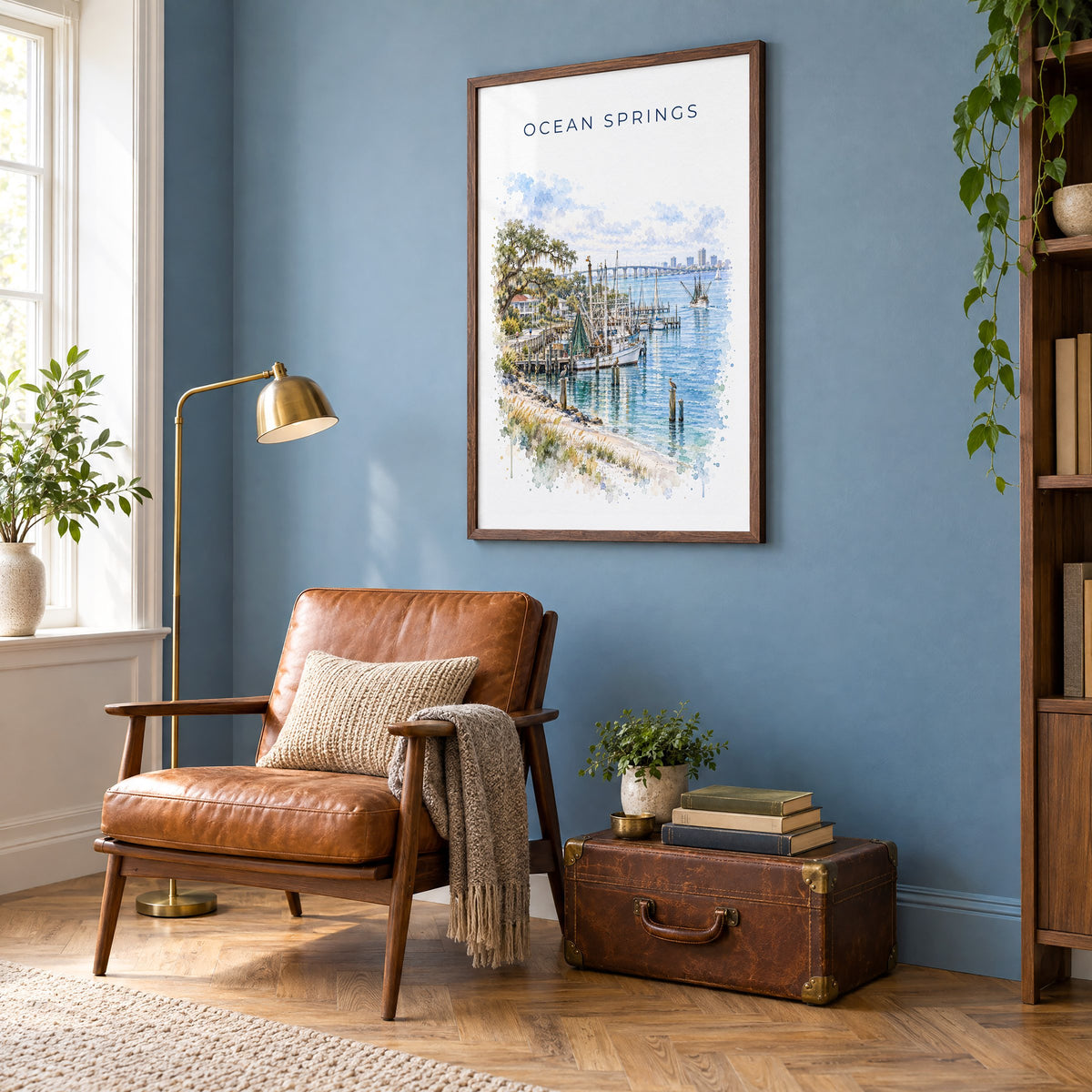 Ocean Springs, Mississippi watercolor print in a walnut frame on a blue wall above a leather armchair in a reading nook