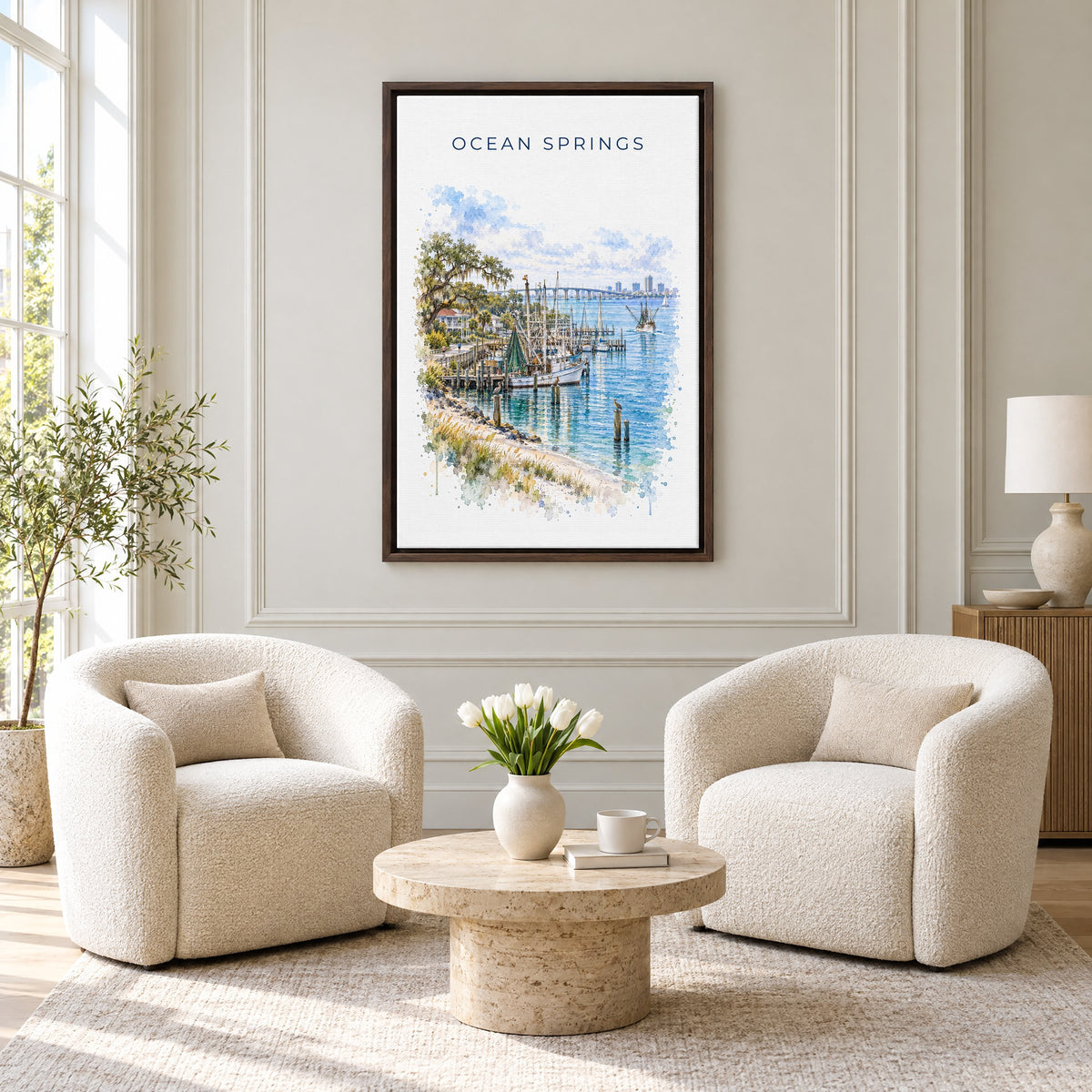 Ocean Springs, Mississippi watercolor print as an espresso floater canvas above two boucle armchairs in a hotel lounge