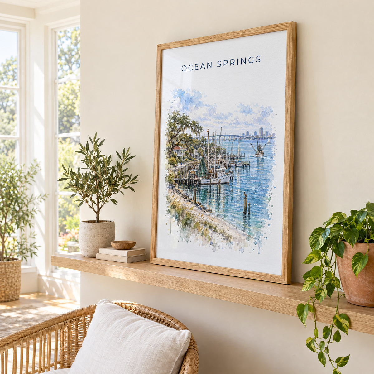 Ocean Springs, Mississippi watercolor print in an oak frame on a picture ledge in a sunlit sunroom