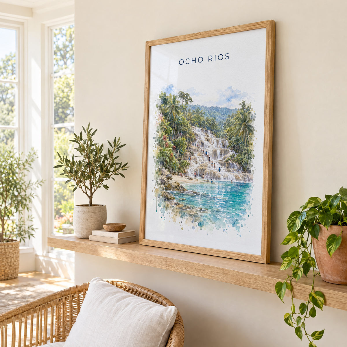 Ocho Rios watercolor print in an oak frame on a picture ledge in a sunlit sunroom