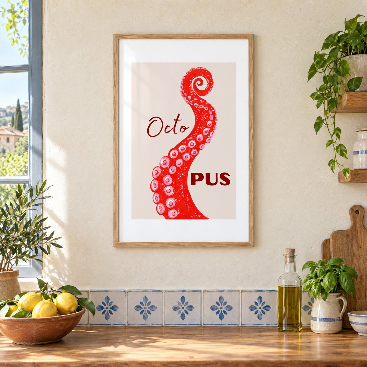 Octo PUS red gouache octopus tentacle print in an oak frame on a cream plaster wall above a worktop with a bowl of lemons and blue-and-white tiles