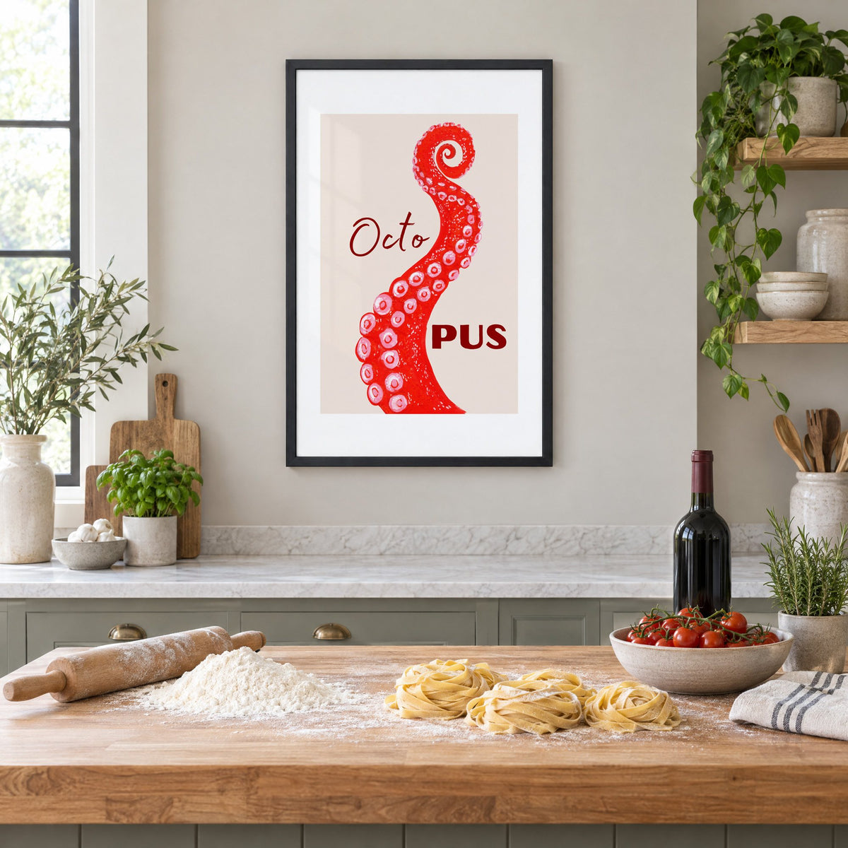 Octo PUS red gouache octopus tentacle print in a black frame above a butcher-block island with fresh pasta, flour and cherry tomatoes