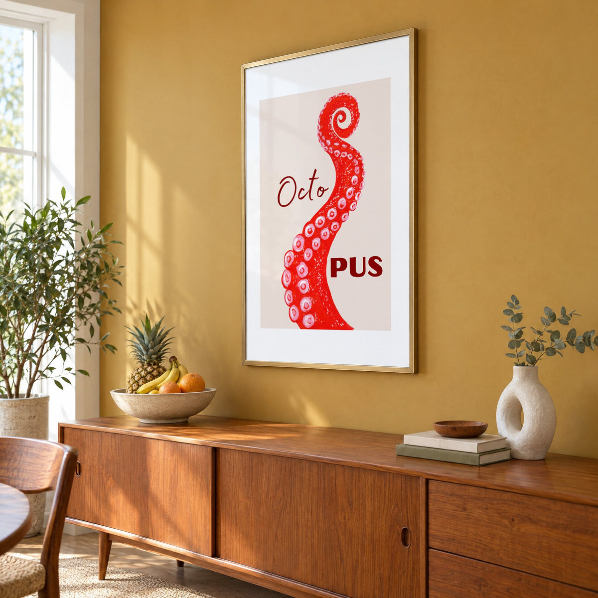 Octo PUS red gouache octopus tentacle print in a brass frame on a mustard wall above a teak sideboard with a fruit bowl, seen at an angle