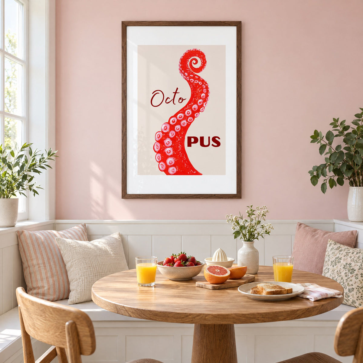 Octo PUS red gouache octopus tentacle print in a walnut frame on a pastel pink wall above a breakfast nook with strawberries and orange juice