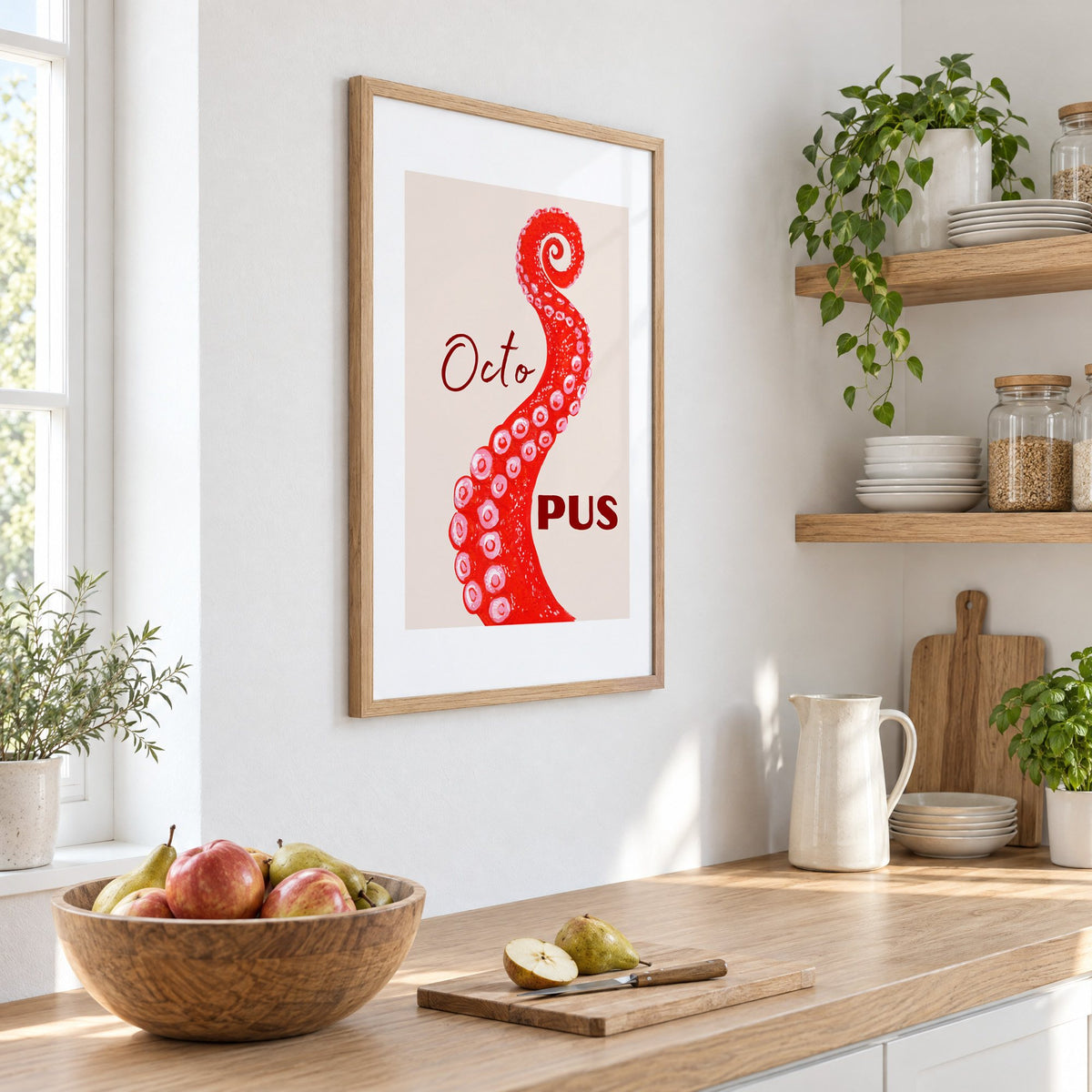 Octo PUS red gouache octopus tentacle print in an oak frame on a white kitchen wall above a counter with apples and pears, seen at an angle