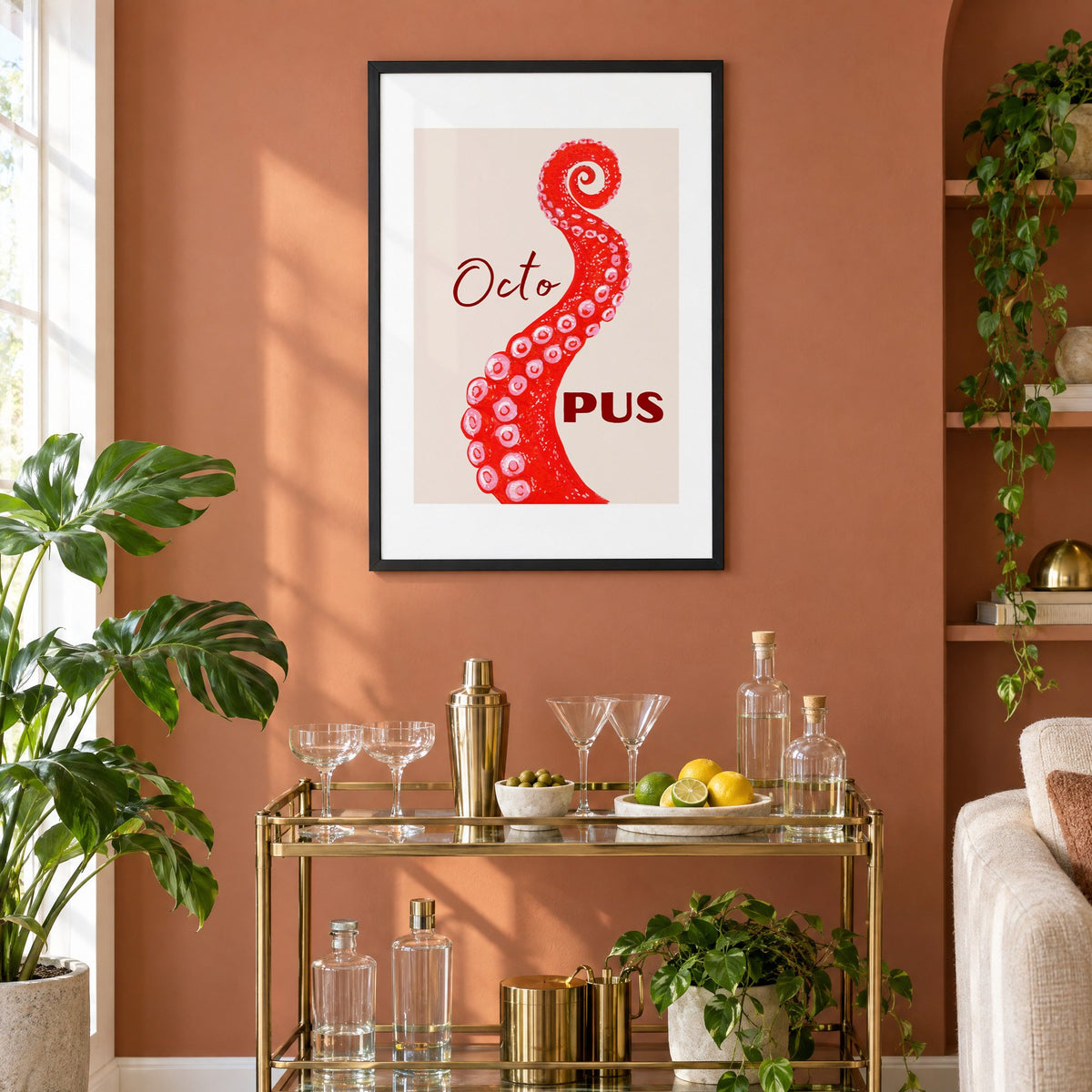 Octo PUS red gouache octopus tentacle print in a black frame on a terracotta wall above a brass bar cart with coupes and citrus